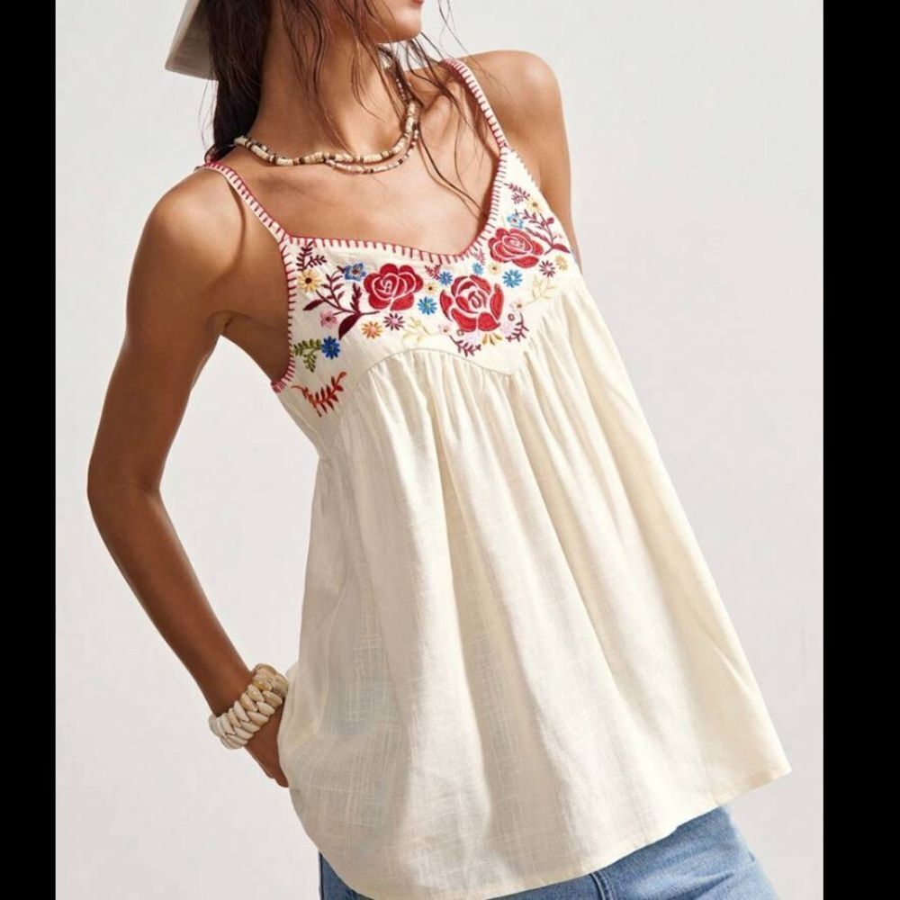 SHEIN Embroidered Boho Cream Linen-Blend Babydoll Top - Size M